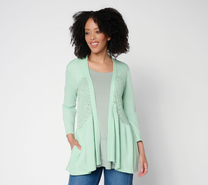LOGO by Lori Goldstein Mixed Media Cotton and Lace Cardigan — View 9