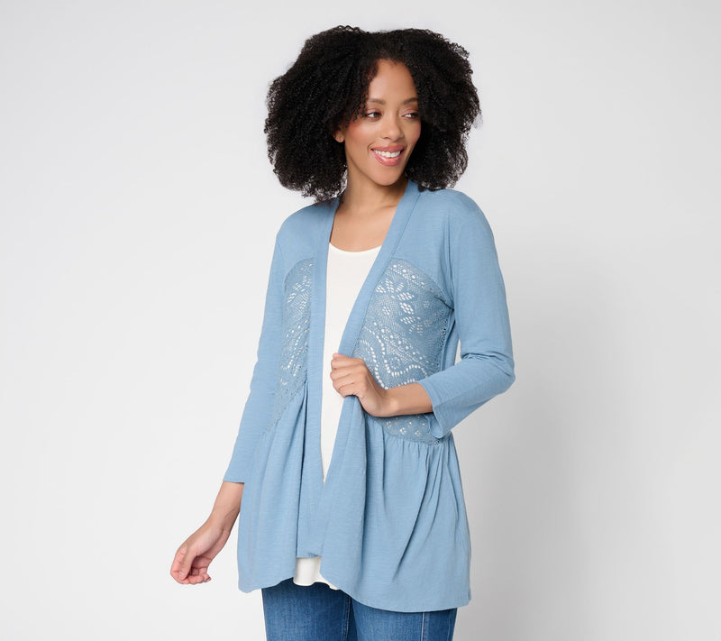 LOGO by Lori Goldstein Mixed Media Cotton and Lace Cardigan — View 7