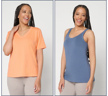 AnyBody Cozy Knit Jersey V-Neck Tee and Tank Set of 2