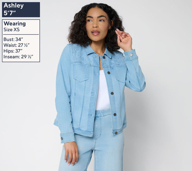 Susan Graver Stretch Denim Jacket with Novelty Embroidery — View 8