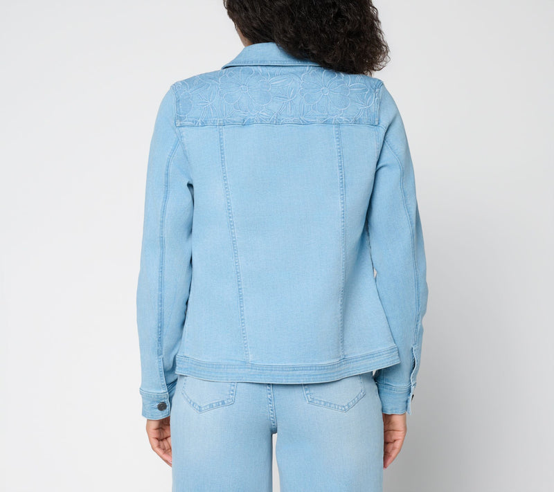 Susan Graver Stretch Denim Jacket with Novelty Embroidery — View 9