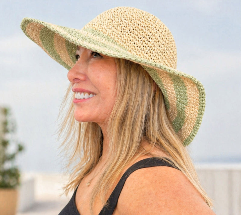 Sprigs Crochet Sun Hat with Striped Brim — View 9