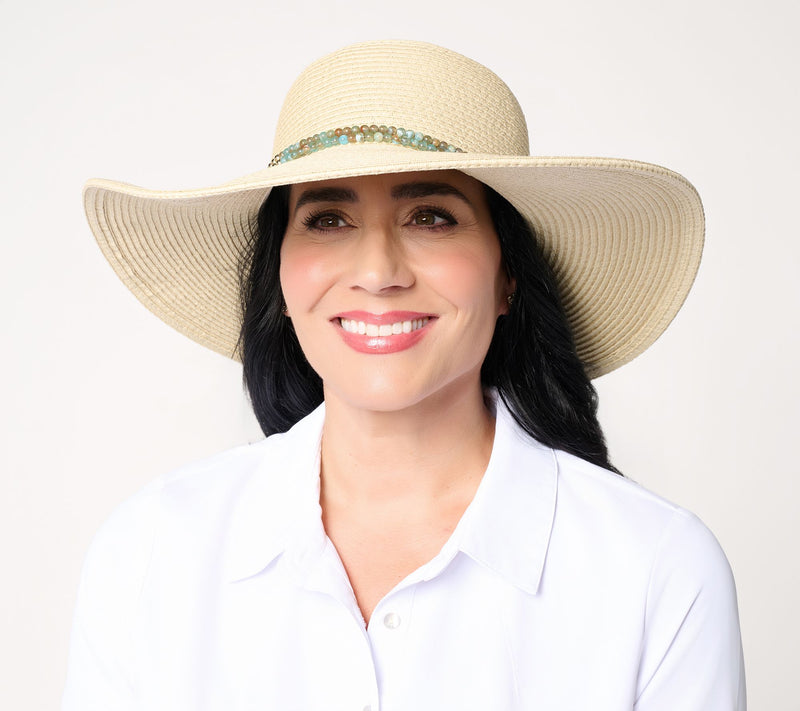 Sprigs Big Brim Straw Sun Hat with Jewel Beaded Band — View 12