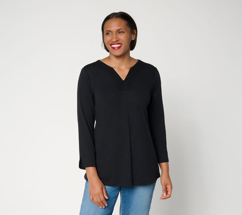 Denim & Co. Beach Petite Knit Gauze Tunic with Crochet Trim — View 12