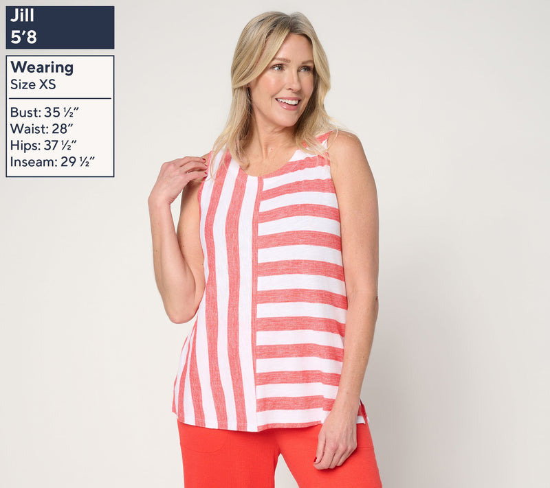 Denim & Co. Striped Linen Blend Round Neck Swing Tank Top — View 3