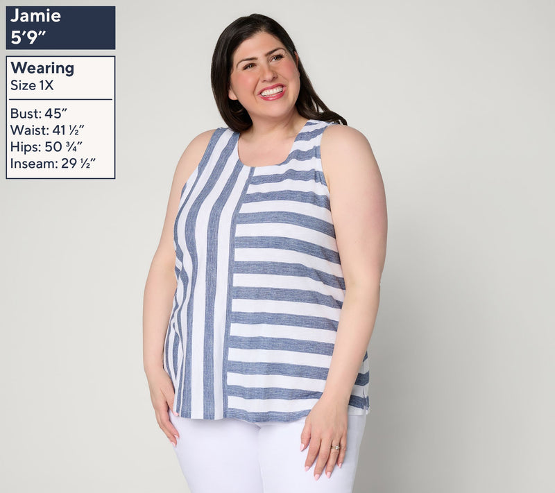 Denim & Co. Striped Linen Blend Round Neck Swing Tank Top — View 2