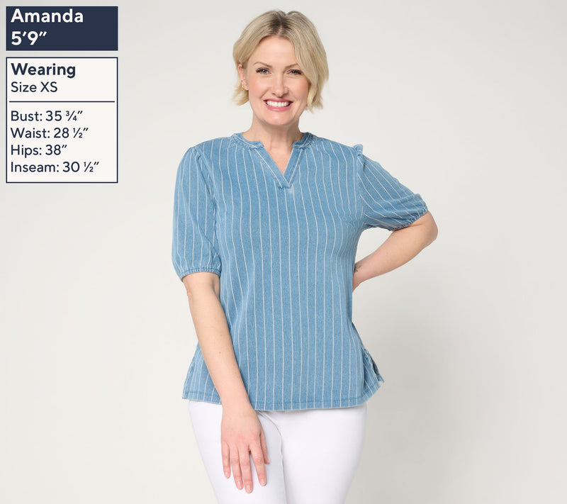 Denim & Co. Comfy Knit Air Elbow Sleeve Split Neck Shirt — View 3