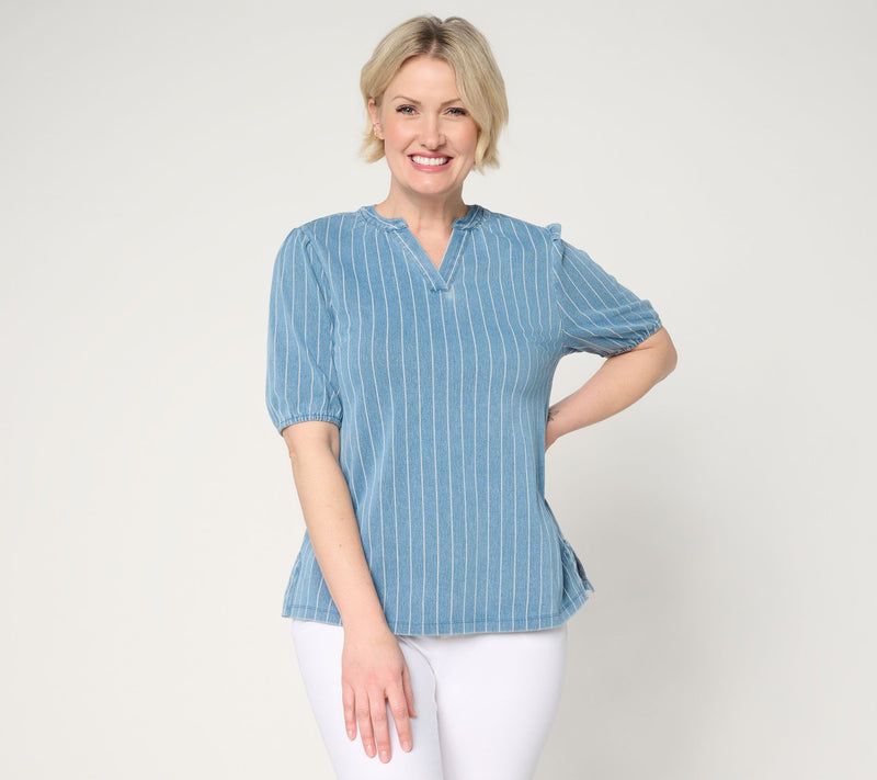 Denim & Co. Comfy Knit Air Elbow Sleeve Split Neck Shirt — Main view