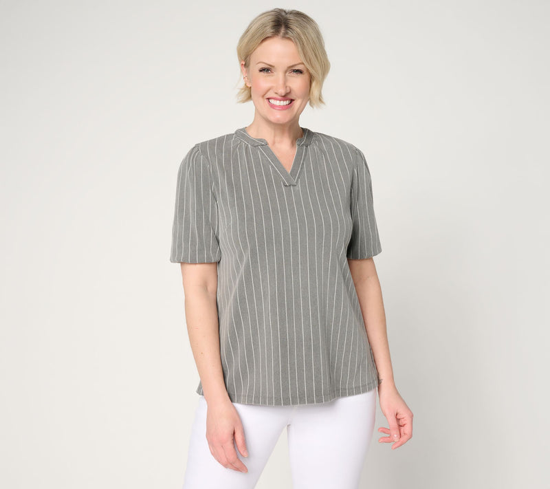 Denim & Co. Comfy Knit Air Elbow Sleeve Split Neck Shirt — View 12