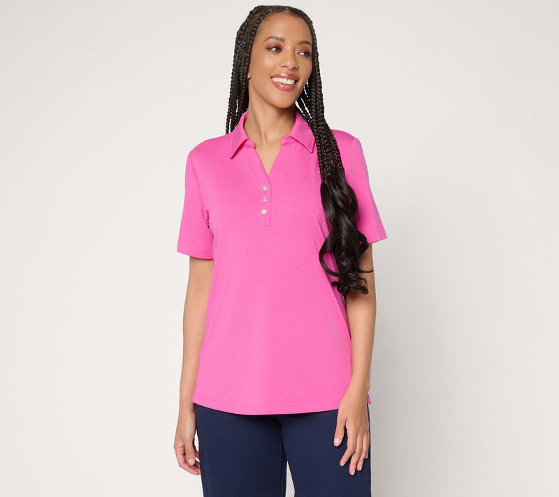 Denim & Co. Favorite Jersey Collared Split Neck Short Sleeve Top — Main view