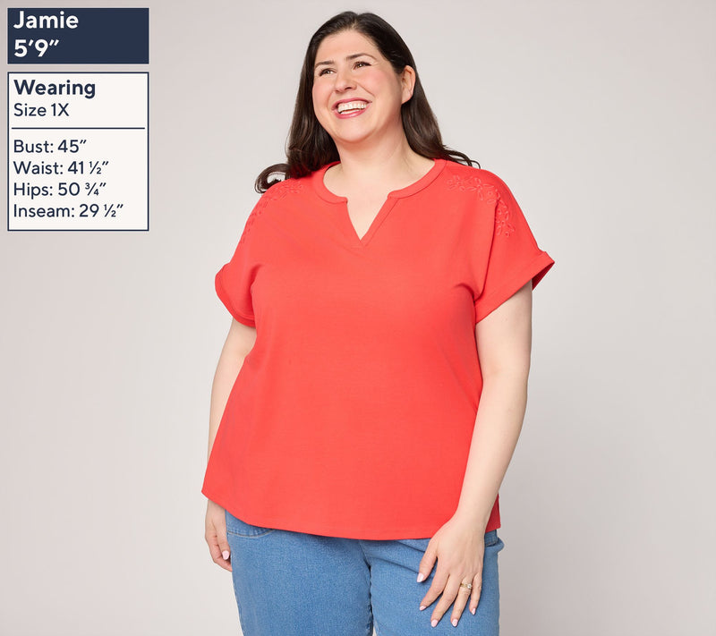 Denim & Co. Perfect Jersey Dolman Sleeve Top with Embroidery — View 2