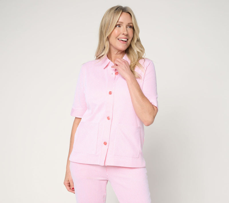 Denim & Co. Knit Seersucker Short Sleeve Button Front Topper — Main view