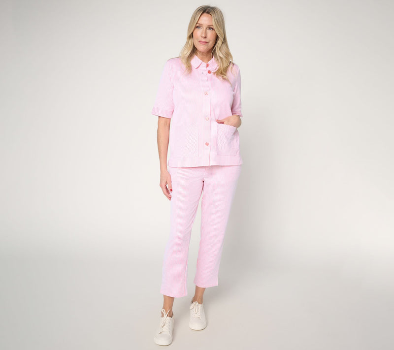 Denim & Co. Knit Seersucker Short Sleeve Button Front Topper — View 5
