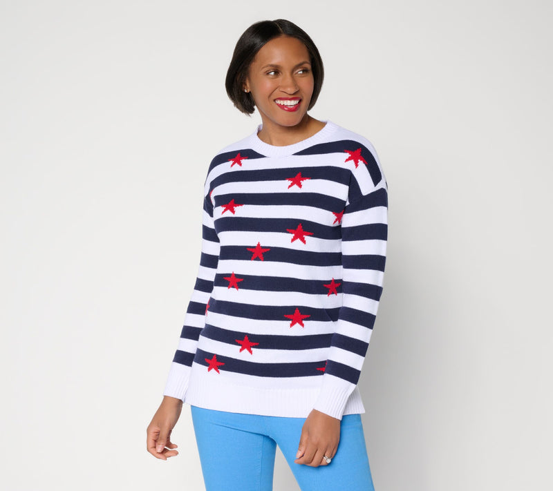 Denim & Co. Striped Americana Long Sleeve Sweater — View 3