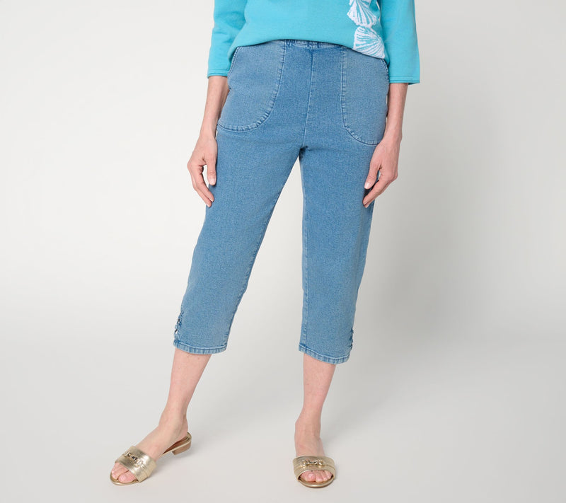 Denim & Co. Regular Indigo Flat Front Capris Pants w/ Lattice Hem — View 10