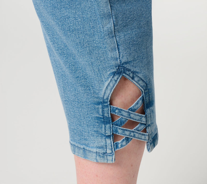 Denim & Co. Petite Indigo Flat Front Capris Pants w/ Lattice Hem — View 6