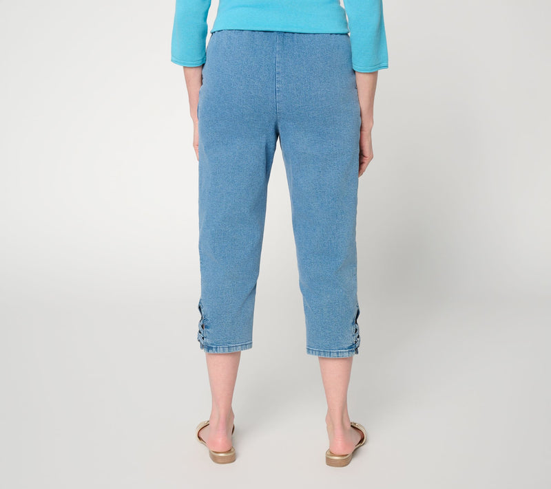 Denim & Co. Petite Indigo Flat Front Capris Pants w/ Lattice Hem — View 4