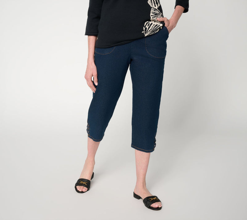 Denim & Co. Petite Indigo Flat Front Capris Pants w/ Lattice Hem — View 9