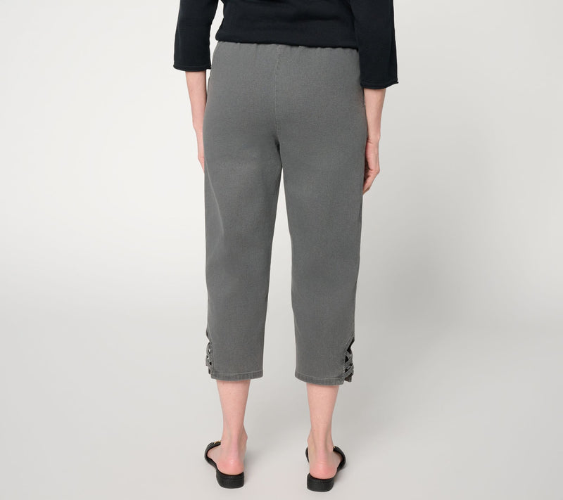 Denim & Co. Petite Black Flat Front Capris Pants w/ Lattice Hem — View 3