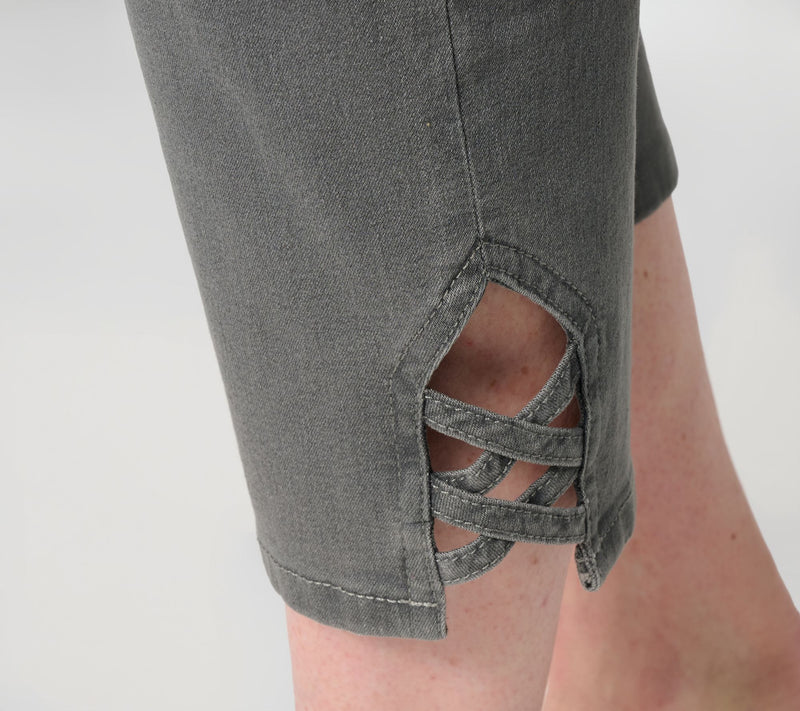 Denim & Co. Petite Black Flat Front Capris Pants w/ Lattice Hem — View 5