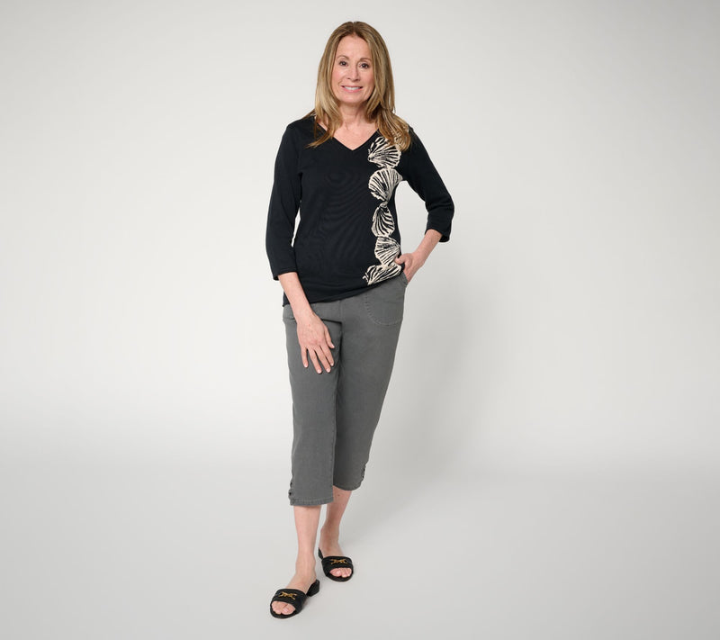 Denim & Co. Petite Black Flat Front Capris Pants w/ Lattice Hem — View 4