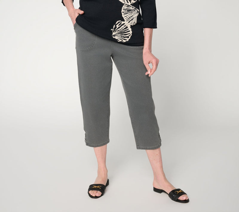 Denim & Co. Petite Black Flat Front Capris Pants w/ Lattice Hem — View 7