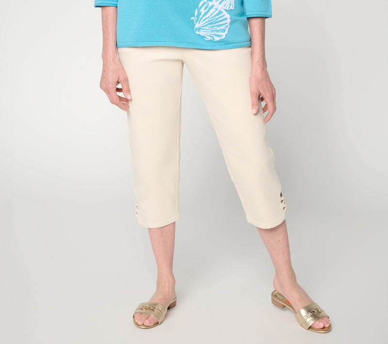 Denim & Co. Regular Color Flat Front Capris Pants w/ Lattice Hem — Main view