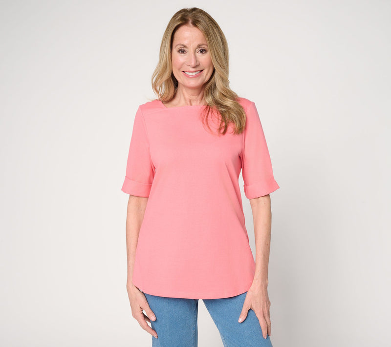 Denim & Co. Essentials True Cotton Elbow Sleeve Boat Neck Top — View 10