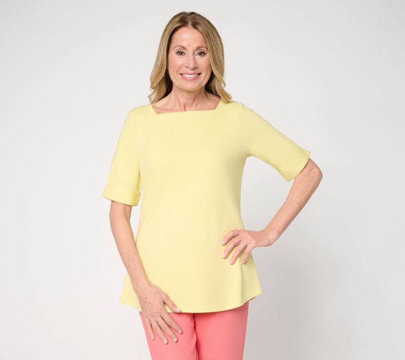 Denim & Co. Essentials True Cotton Elbow Sleeve Boat Neck Top — Main view