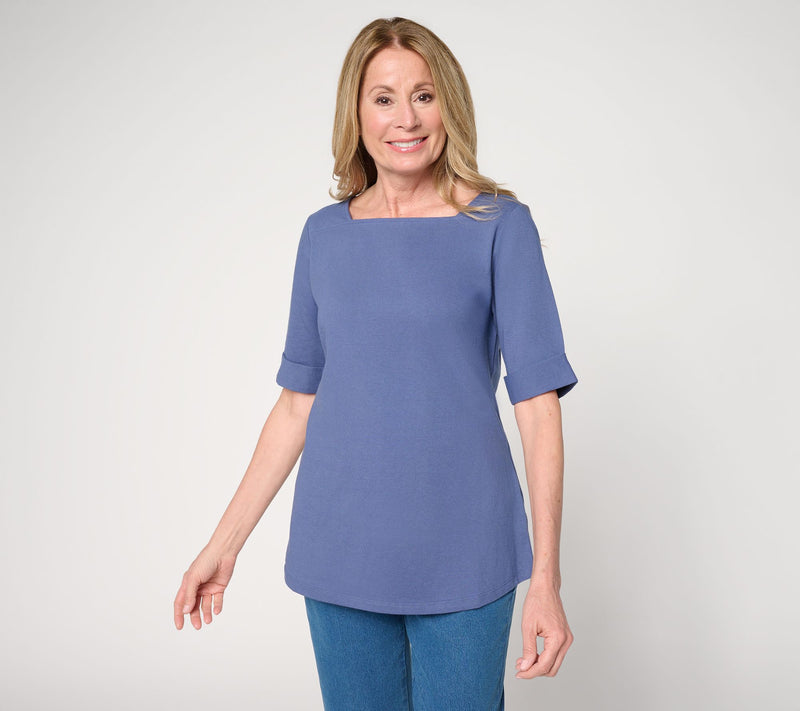 Denim & Co. Essentials True Cotton Elbow Sleeve Boat Neck Top — View 11