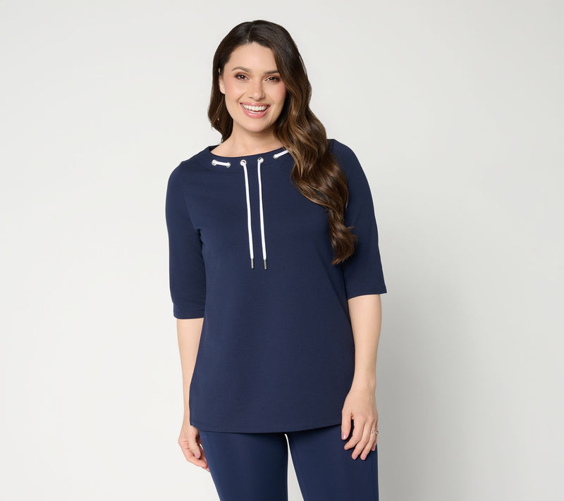 Denim & Co. Active French Terry Elbow Sleeve Boat Neck Top — Main view