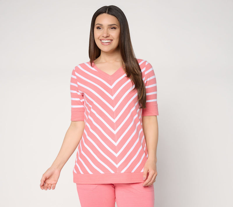 Denim & Co. Active Striped Textured Cotton V-Neck Top — View 11