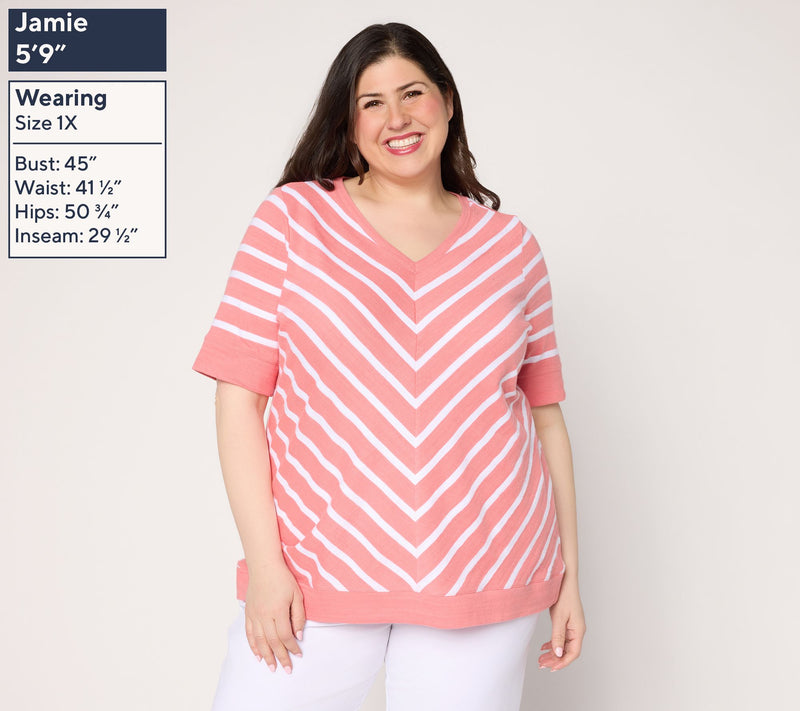 Denim & Co. Active Striped Textured Cotton V-Neck Top — View 2