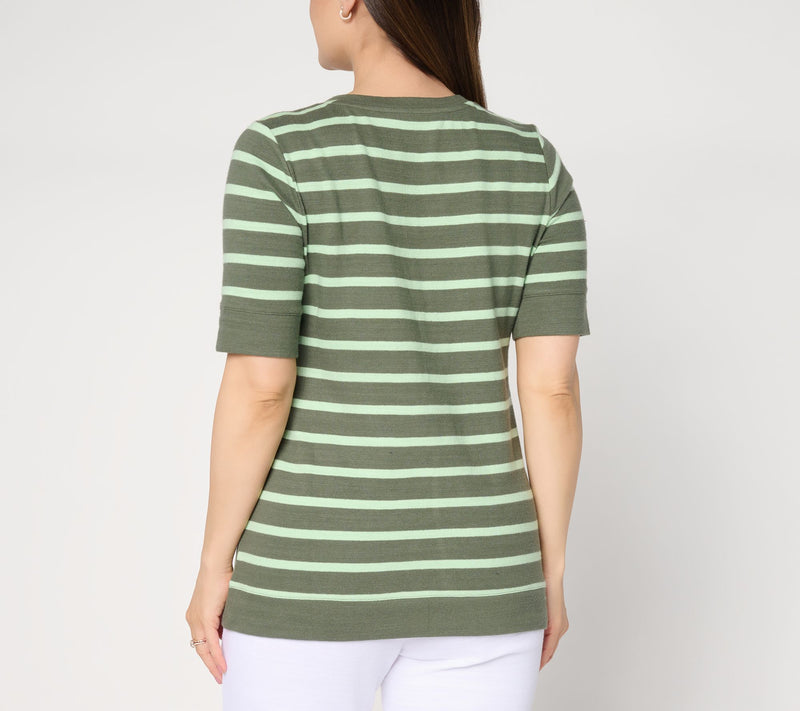 Denim & Co. Active Striped Textured Cotton V-Neck Top — View 4