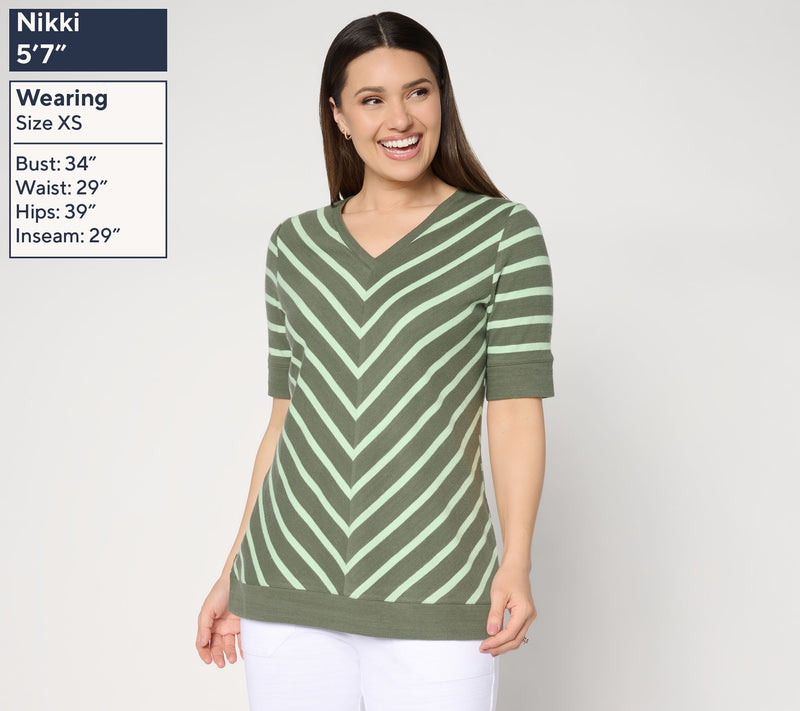 Denim & Co. Active Striped Textured Cotton V-Neck Top — View 3