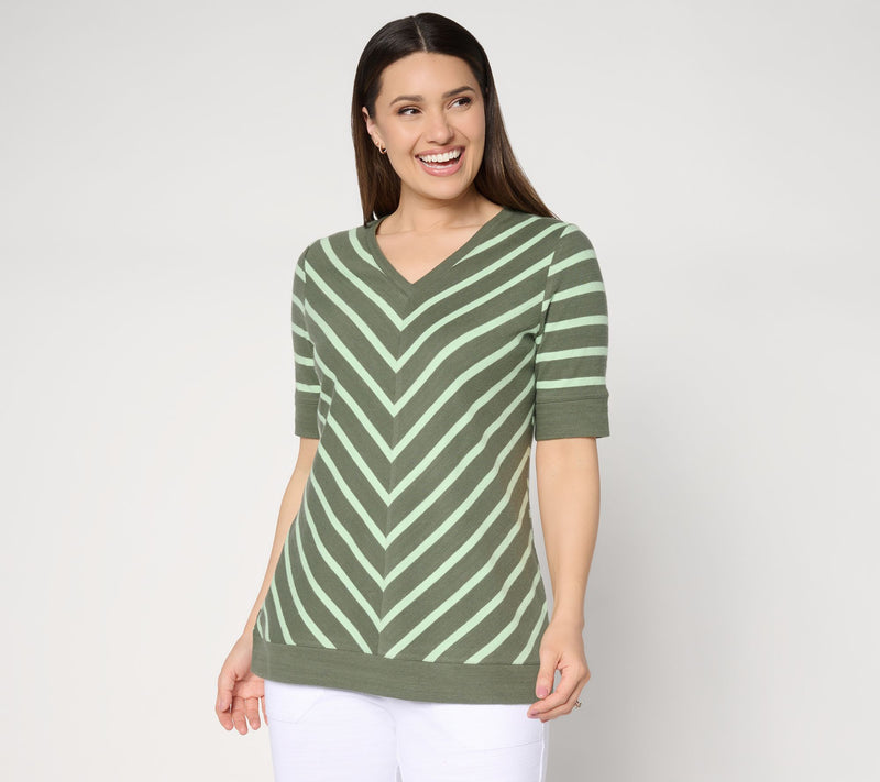 Denim & Co. Active Striped Textured Cotton V-Neck Top — View 12
