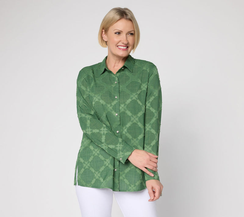 Susan Graver Regular Clipped Jacquard Woven Button Front Tunic — View 11