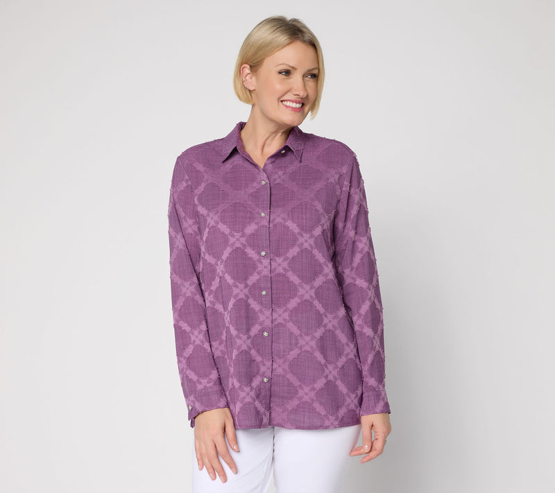 Susan Graver Regular Clipped Jacquard Woven Button Front Tunic — View 14