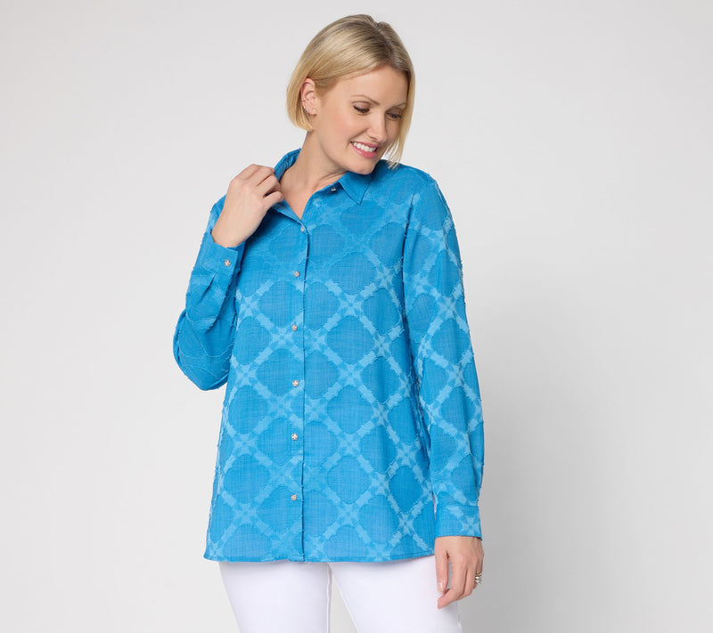 Susan Graver Petite Clipped Jacquard Woven Button Front Tunic — View 3