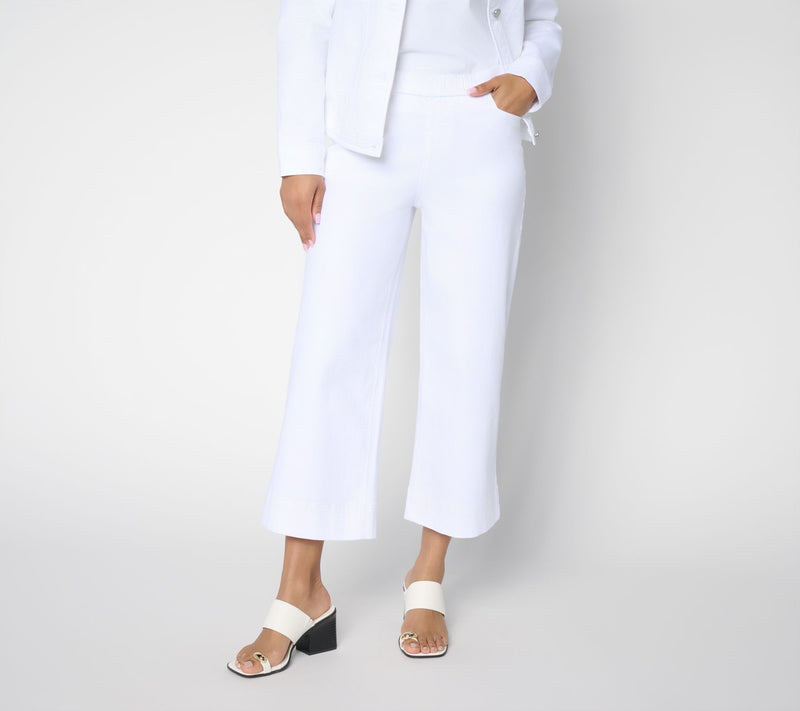 Susan Graver Petite Stretch Denim Wide Leg Crop Jean-White — Main view