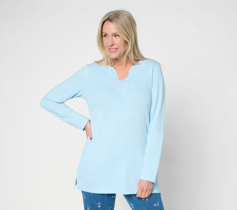 Denim & Co. Petite Textured Cotton Embroidered Tunic — View 12