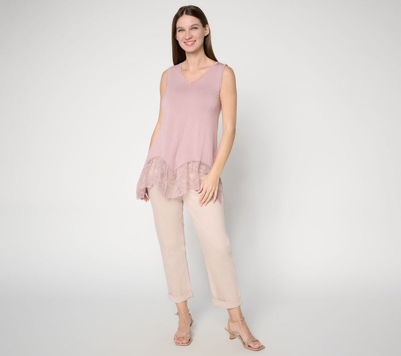 LOGO Lavish by Lori Goldstein Seamed Tank with Lace Trim — View 5