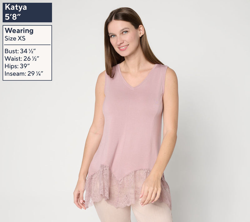 LOGO Lavish by Lori Goldstein Seamed Tank with Lace Trim — View 3