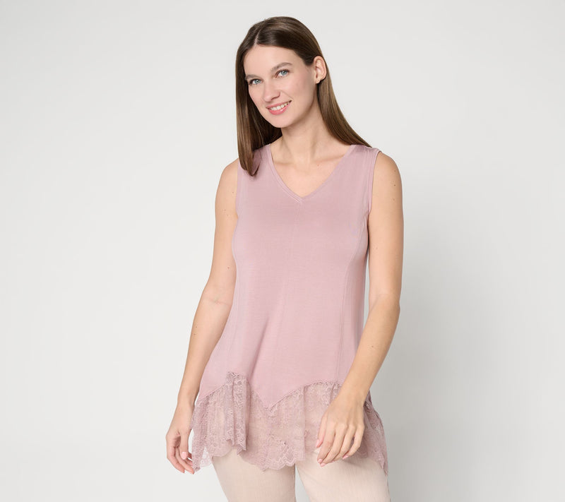 LOGO Lavish by Lori Goldstein Seamed Tank with Lace Trim — Main view