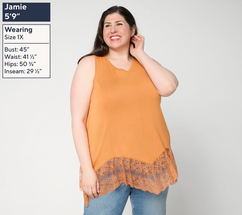 LOGO Lavish by Lori Goldstein Seamed Tank with Lace Trim — View 2