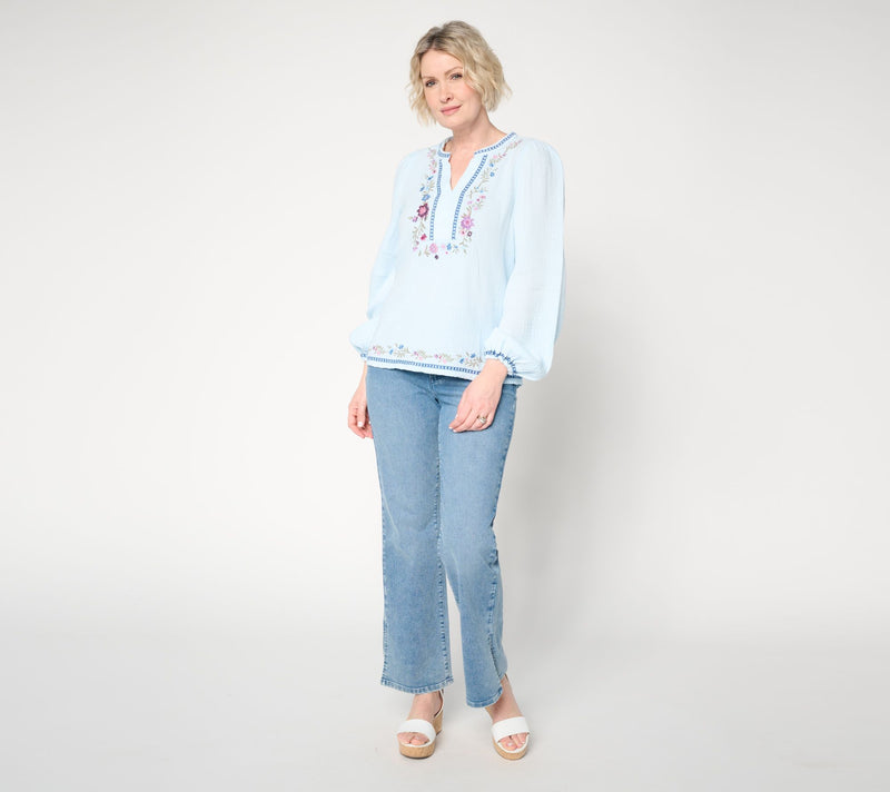 Driftwood Jeans Knit Boho Embroidered Long-Sleeve Top - Bluebird — View 6