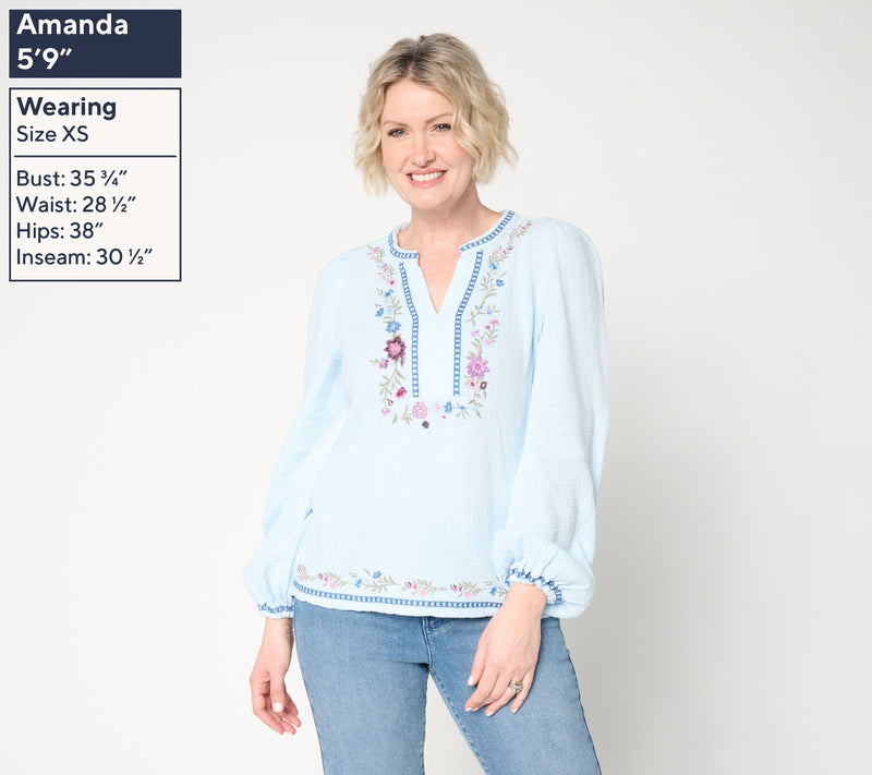 Driftwood Jeans Knit Boho Embroidered Long-Sleeve Top - Bluebird — View 4