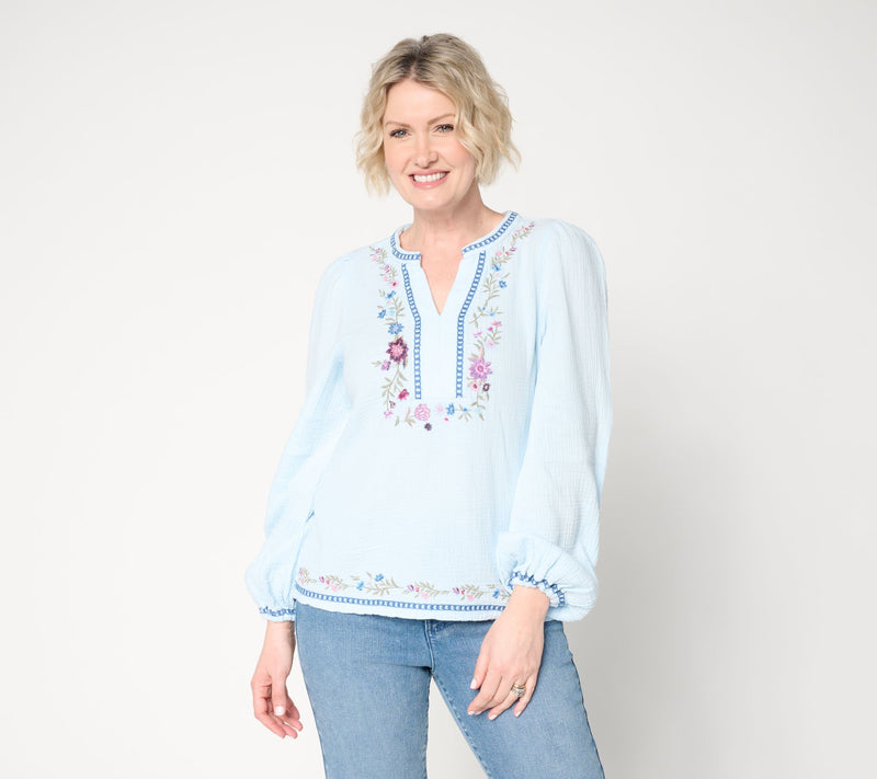 Driftwood Jeans Knit Boho Embroidered Long-Sleeve Top - Bluebird — View 3