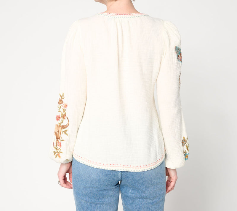 Driftwood Jeans Knit Boho Embroidered Long-Sleeve Top - Desert Yellow — View 5