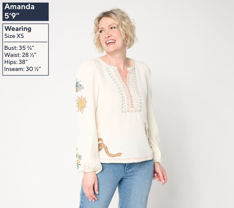 Driftwood Jeans Knit Boho Embroidered Long-Sleeve Top - Desert Yellow — View 4